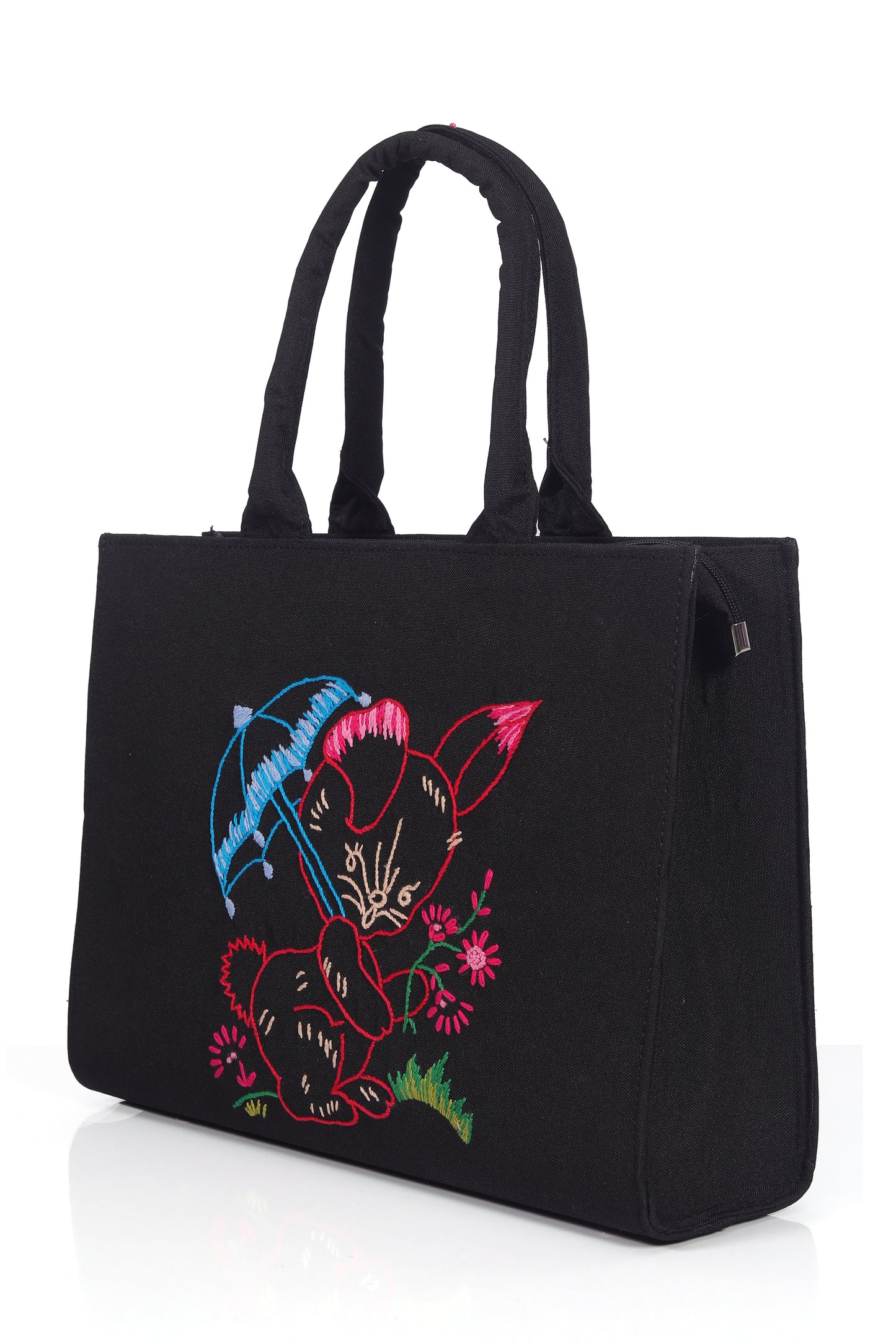 Stylish Black Tote Bag with Colorful Cat and Umbrella Embroidery