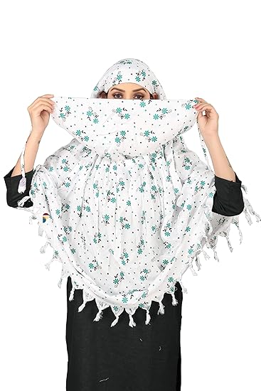 Elegant White Cotton Scarf with Green Floral Print – Lightweight & Stylish