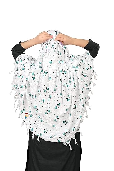 Elegant White Cotton Scarf with Green Floral Print – Lightweight & Stylish
