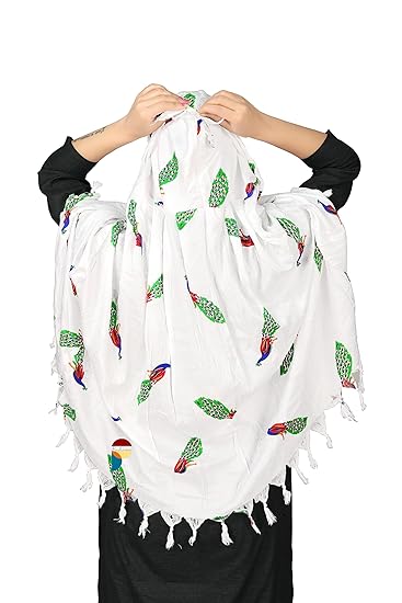 Elegant White Cotton Scarf with Peacock Print – Lightweight & Stylish
