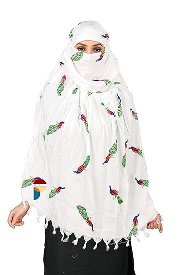Elegant White Cotton Scarf with Peacock Print – Lightweight & Stylish