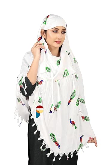 Elegant White Cotton Scarf with Peacock Print – Lightweight & Stylish