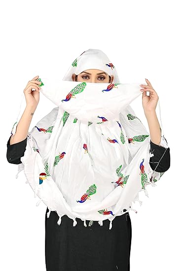 Elegant White Cotton Scarf with Peacock Print – Lightweight & Stylish