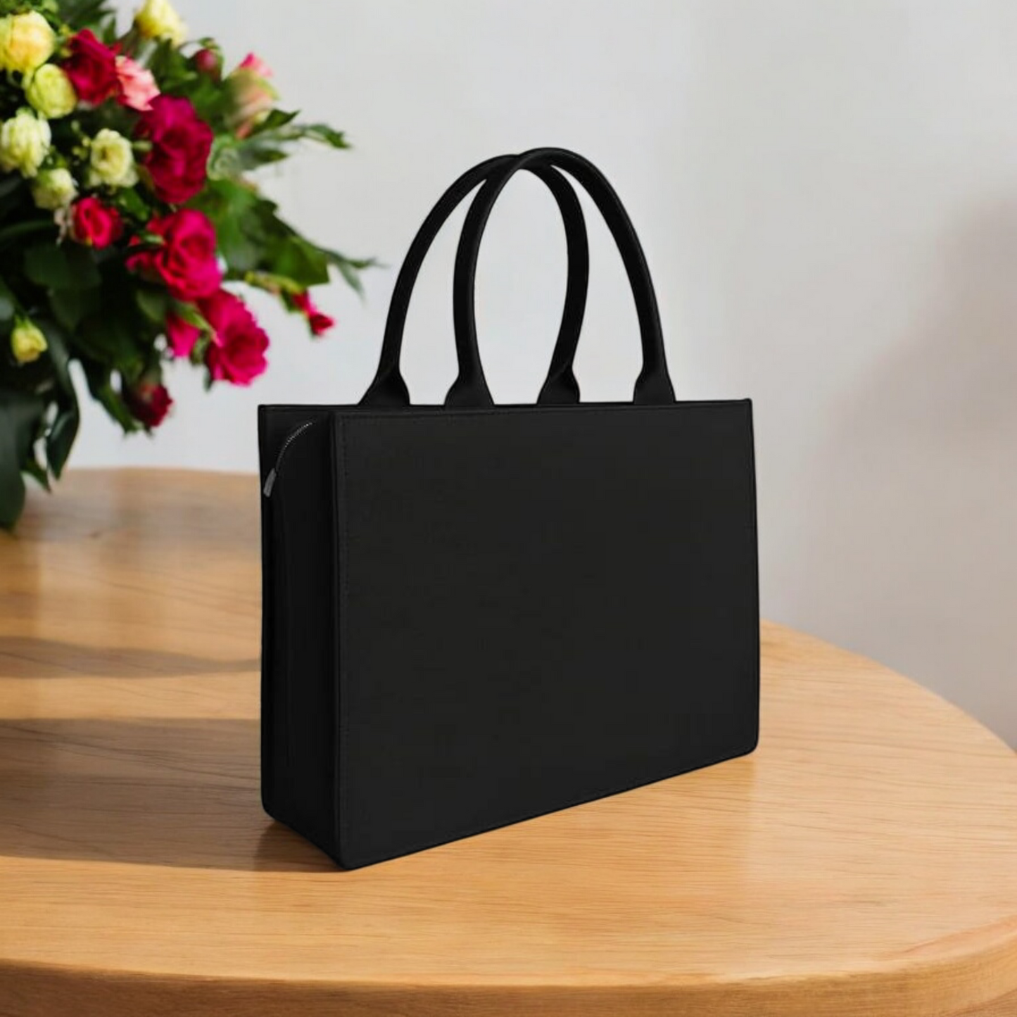 Stylish Girl Floral Trendy Black Canvas Bag for Women 10x12 Inch Fashion Accessory with Pink Art Print
