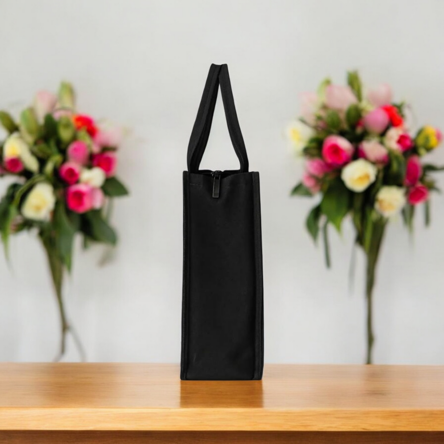 Stylish Girl Floral Trendy Black Canvas Bag for Women 10x12 Inch Fashion Accessory with Pink Art Print