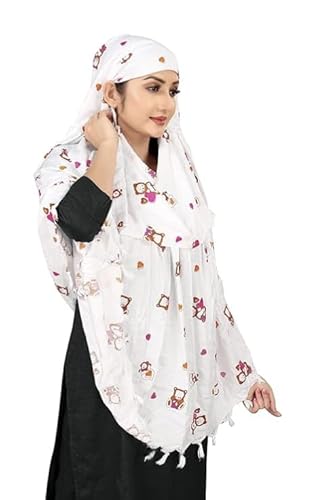 Adorable White Cotton Scarf with Cute Teddy Bear Print – Soft & Stylish