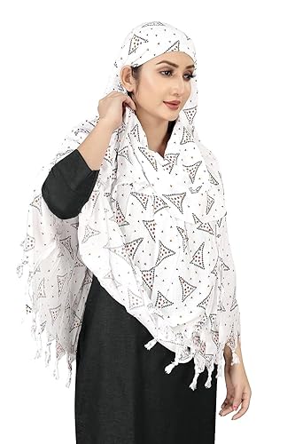 Elegant White Cotton Scarf with Geometric Triangle Print – Soft & Trendy