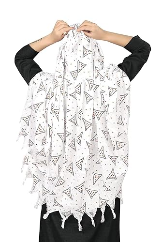 Elegant White Cotton Scarf with Geometric Triangle Print – Soft & Trendy