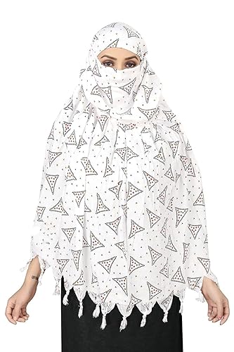 Elegant White Cotton Scarf with Geometric Triangle Print – Soft & Trendy