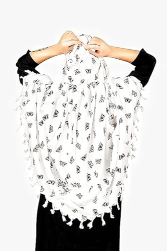 Elegant White Cotton Scarf with Butterfly Print – Soft & Trendy