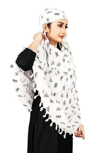 Elegant White Cotton Scarf with Butterfly Print – Soft & Trendy