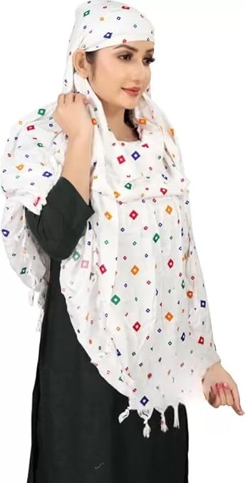 Traditional White Cotton Scarf with Multicolor Diamond Print – Soft & Elegant