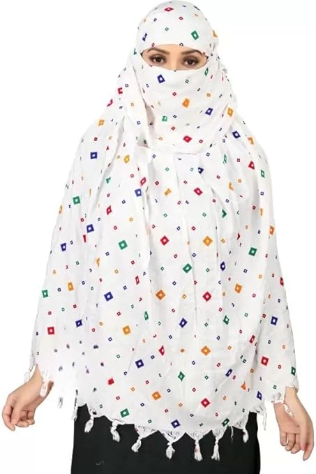 Traditional White Cotton Scarf with Multicolor Diamond Print – Soft & Elegant