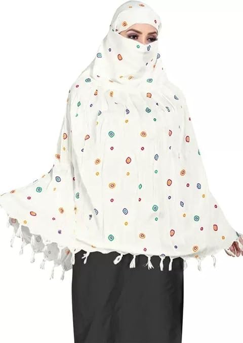 Traditional White Cotton Scarf with Multicolor Circular Print – Soft & Elegant