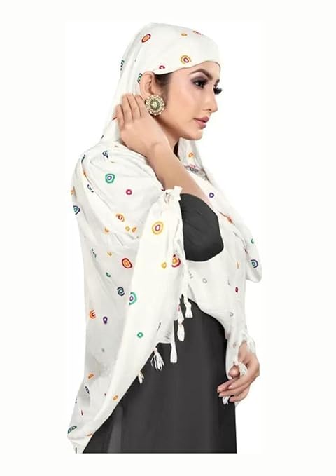 Traditional White Cotton Scarf with Multicolor Circular Print – Soft & Elegant