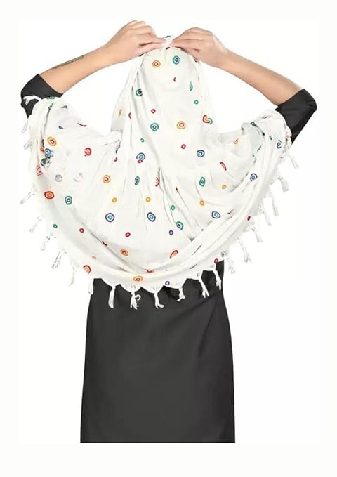 Traditional White Cotton Scarf with Multicolor Circular Print – Soft & Elegant