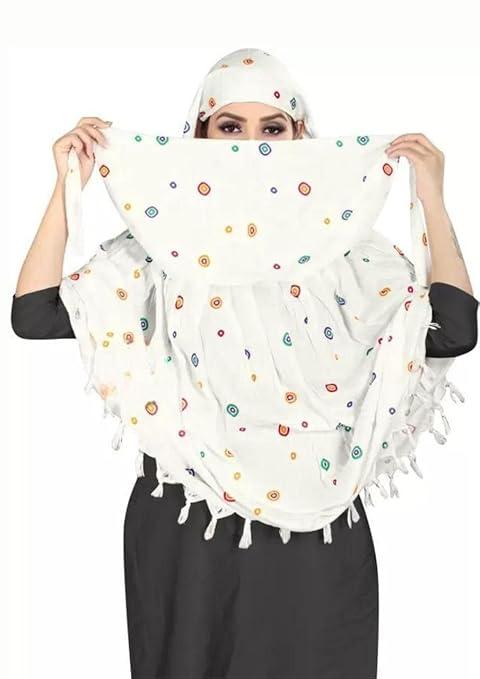 Traditional White Cotton Scarf with Multicolor Circular Print – Soft & Elegant