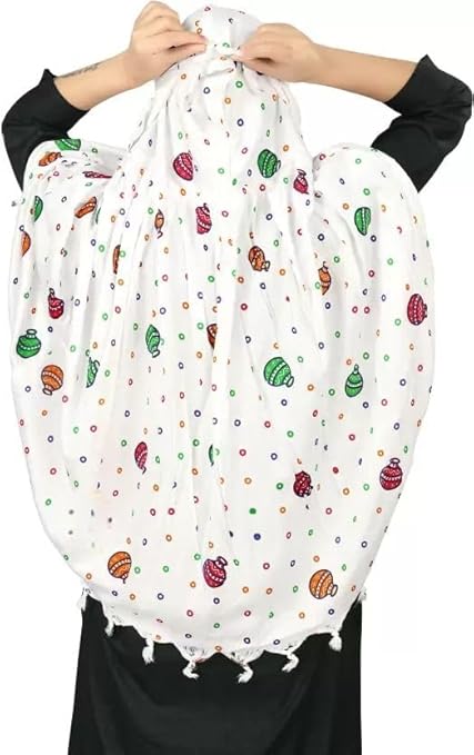 Traditional White Cotton Scarf with Multicolor Pot Print – Soft & Elegant