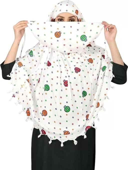 Traditional White Cotton Scarf with Multicolor Pot Print – Soft & Elegant