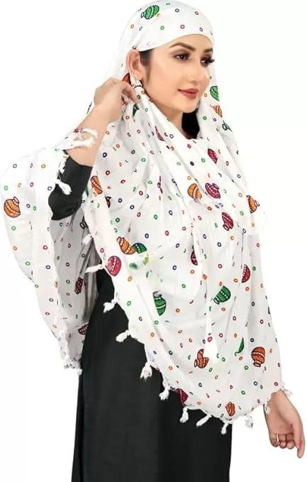 Traditional White Cotton Scarf with Multicolor Pot Print – Soft & Elegant