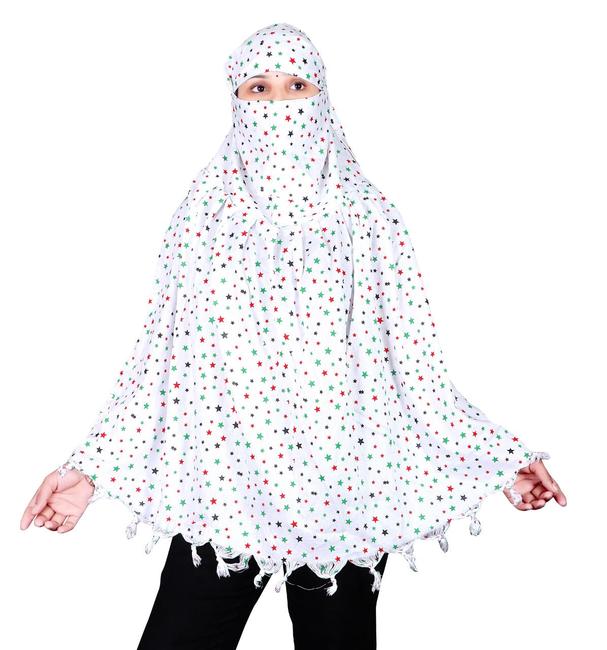 Soft, Breathable & Stylish White Cotton Scarf with Multicolor Star Print