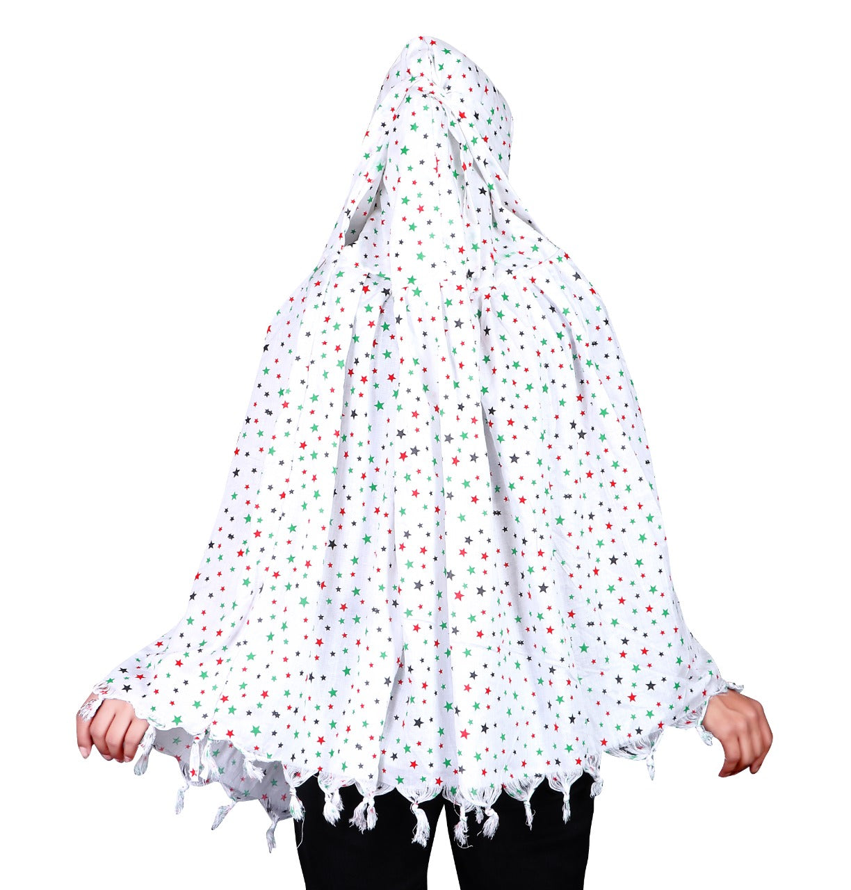 Soft, Breathable & Stylish White Cotton Scarf with Multicolor Star Print