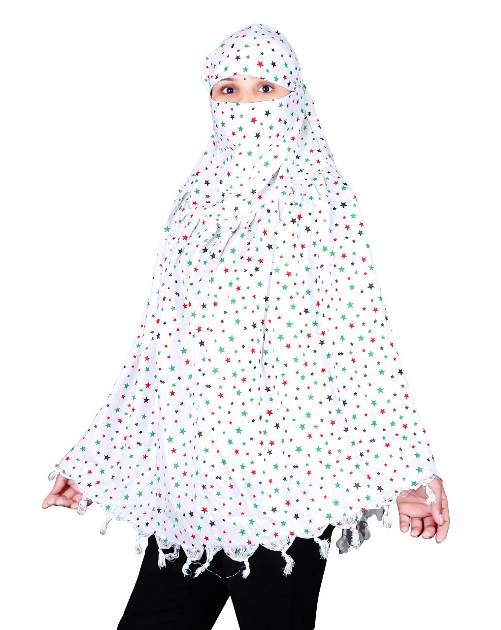 Soft, Breathable & Stylish White Cotton Scarf with Multicolor Star Print