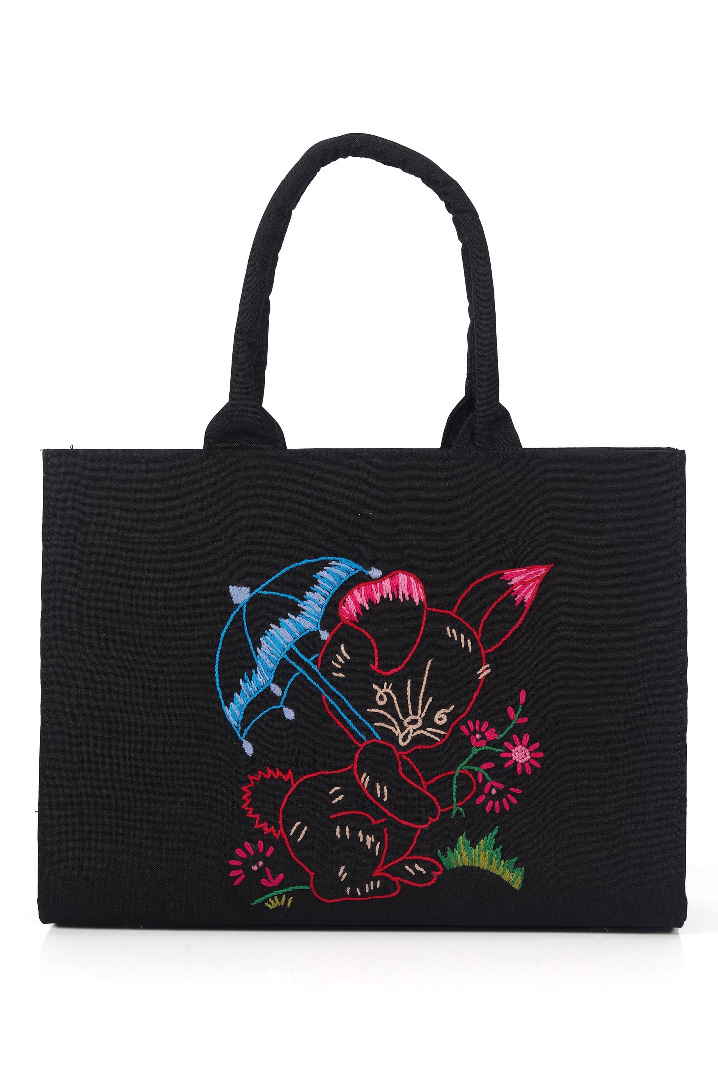 Stylish Black Tote Bag with Colorful Cat and Umbrella Embroidery