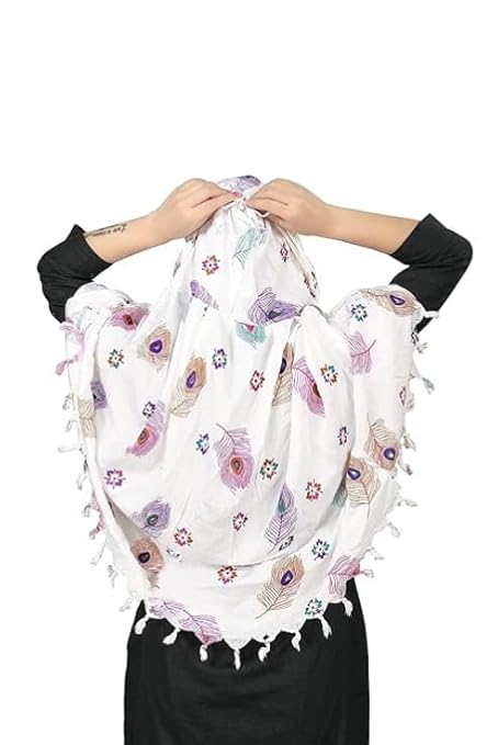 Elegant White Cotton Scarf with Multicolor Feather Print – Soft & Stylish