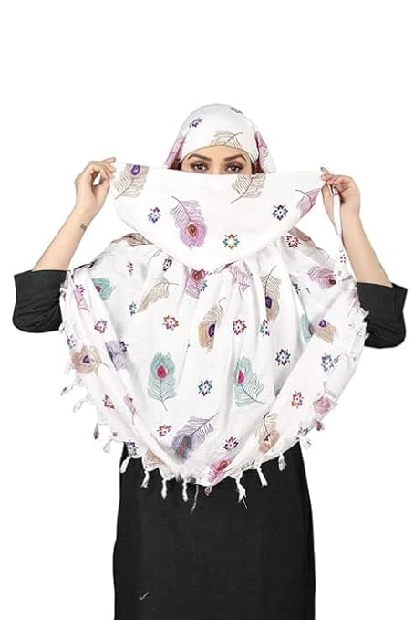 Elegant White Cotton Scarf with Multicolor Feather Print – Soft & Stylish