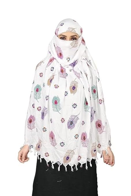 Elegant White Cotton Scarf with Multicolor Feather Print – Soft & Stylish