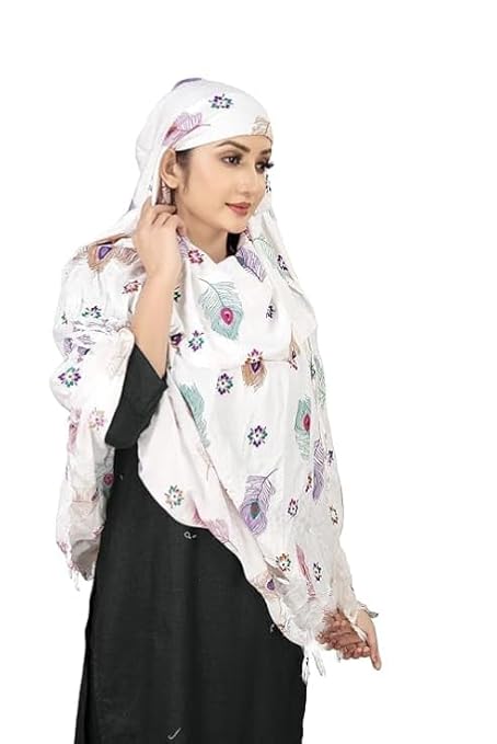 Elegant White Cotton Scarf with Multicolor Feather Print – Soft & Stylish