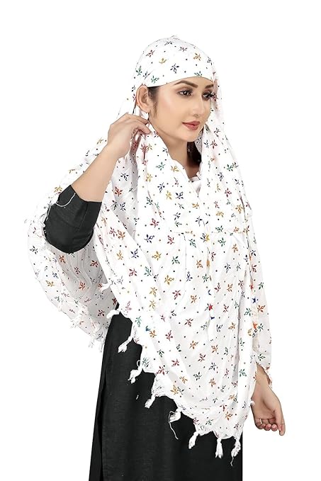 Elegant White Cotton Scarf with Multicolor Floral Print – Soft & Stylish