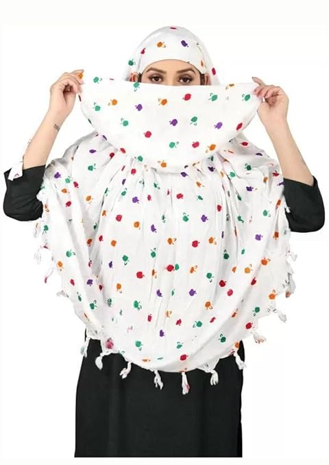 Elegant White Cotton Scarf with Multicolor Apple Print – Soft & Trendy
