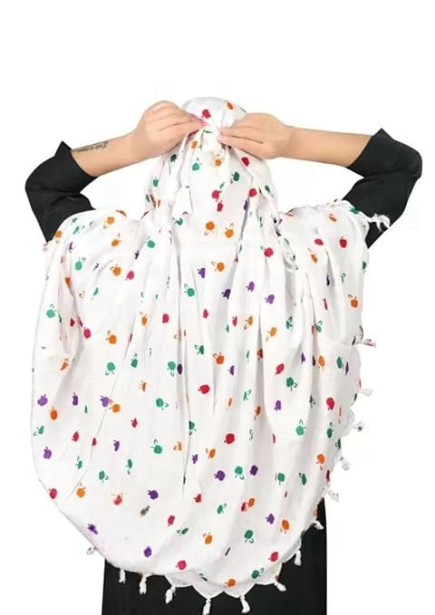 Elegant White Cotton Scarf with Multicolor Apple Print – Soft & Trendy