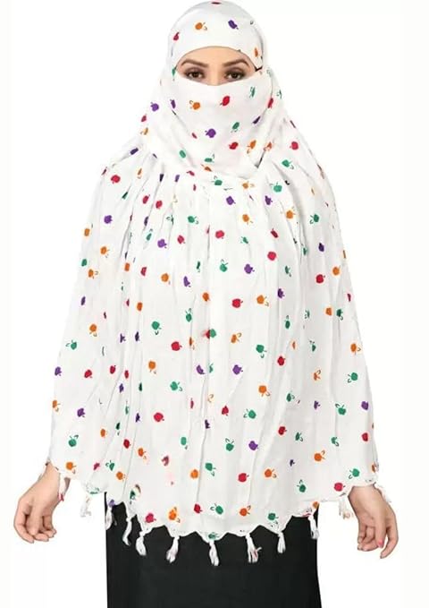 Elegant White Cotton Scarf with Multicolor Apple Print – Soft & Trendy
