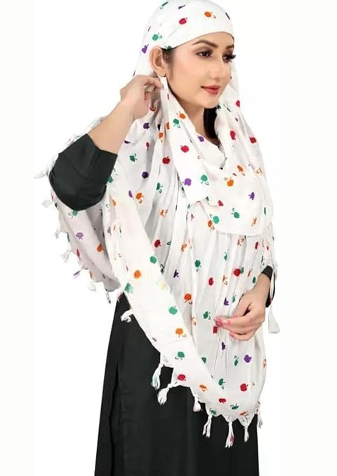 Elegant White Cotton Scarf with Multicolor Apple Print – Soft & Trendy