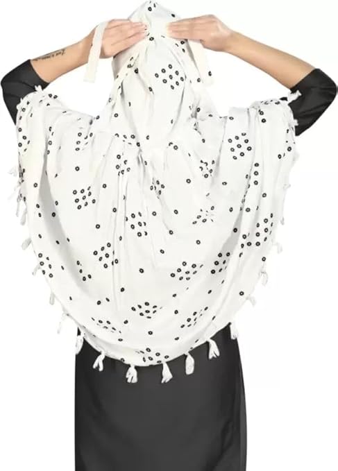 Elegant White Cotton Scarf with Black Floral Dot Print – Soft & Stylish