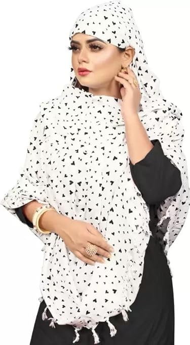 White Cotton Scarf with Black Heart Print – Soft, Lightweight & Elegant