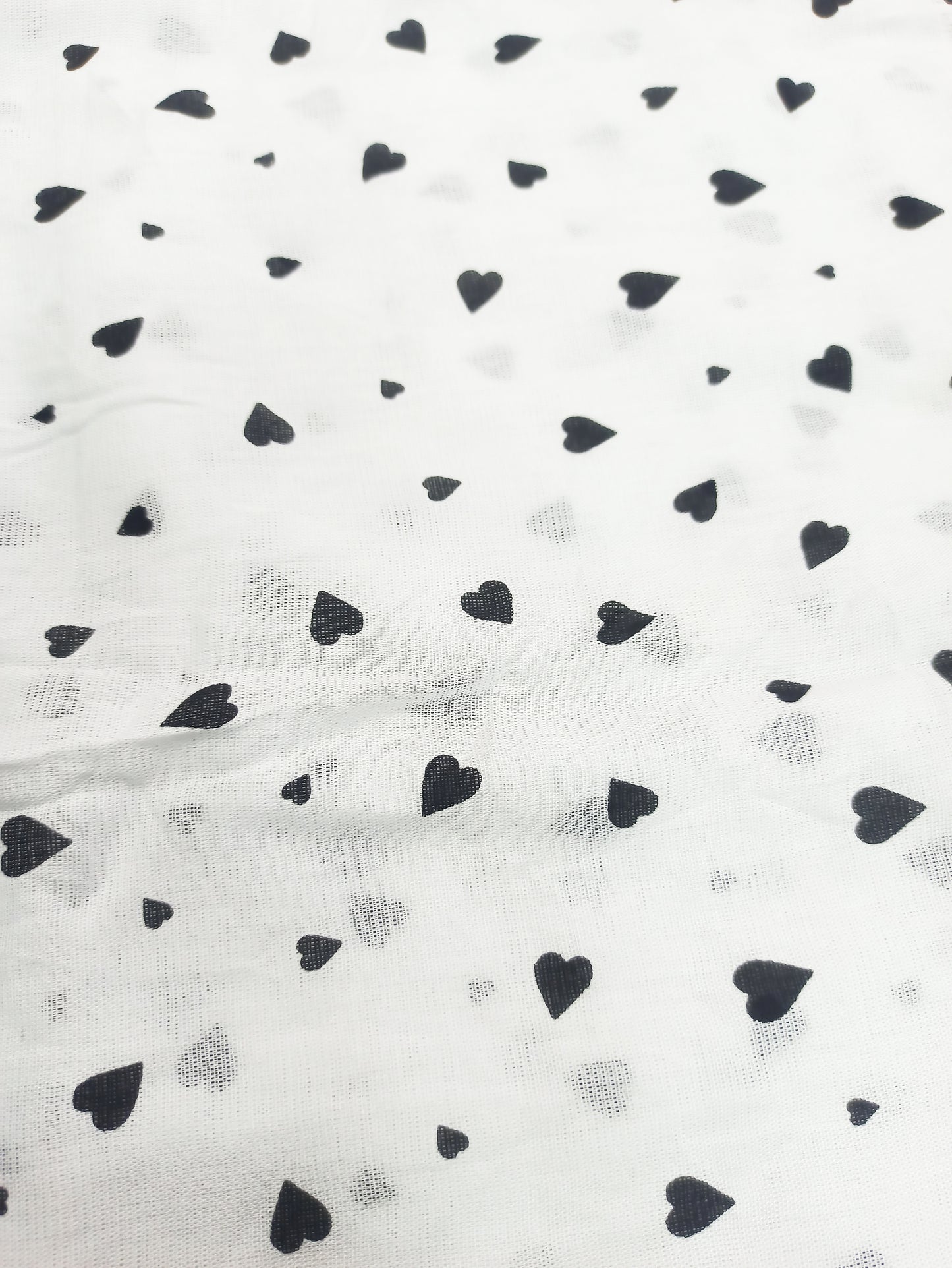 White Cotton Scarf with Black Heart Print – Soft, Lightweight & Elegant