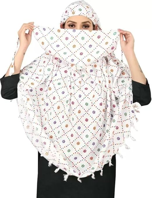 White Cotton Scarf with Multicolor Floral Dot Print – Soft, Lightweight & Elegant