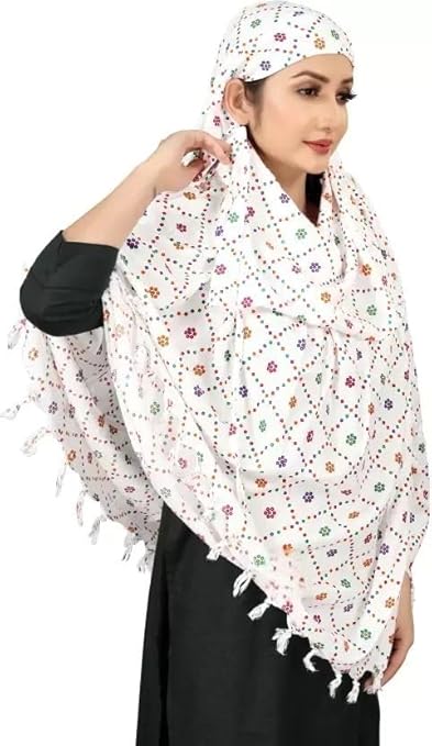 White Cotton Scarf with Multicolor Floral Dot Print – Soft, Lightweight & Elegant