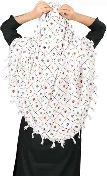White Cotton Scarf with Multicolor Floral Dot Print – Soft, Lightweight & Elegant
