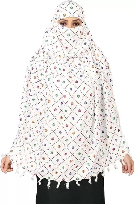 White Cotton Scarf with Multicolor Floral Dot Print – Soft, Lightweight & Elegant