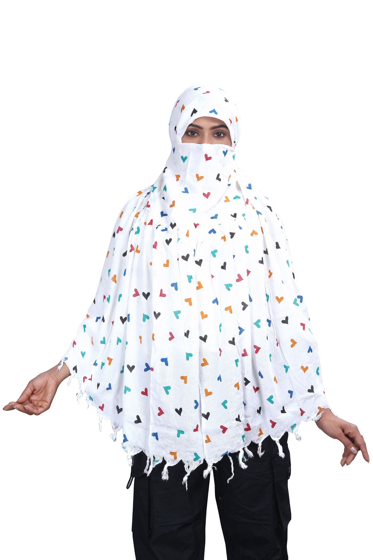White Cotton Scarf with Colorful Heart Print – Soft, Lightweight & Trendy