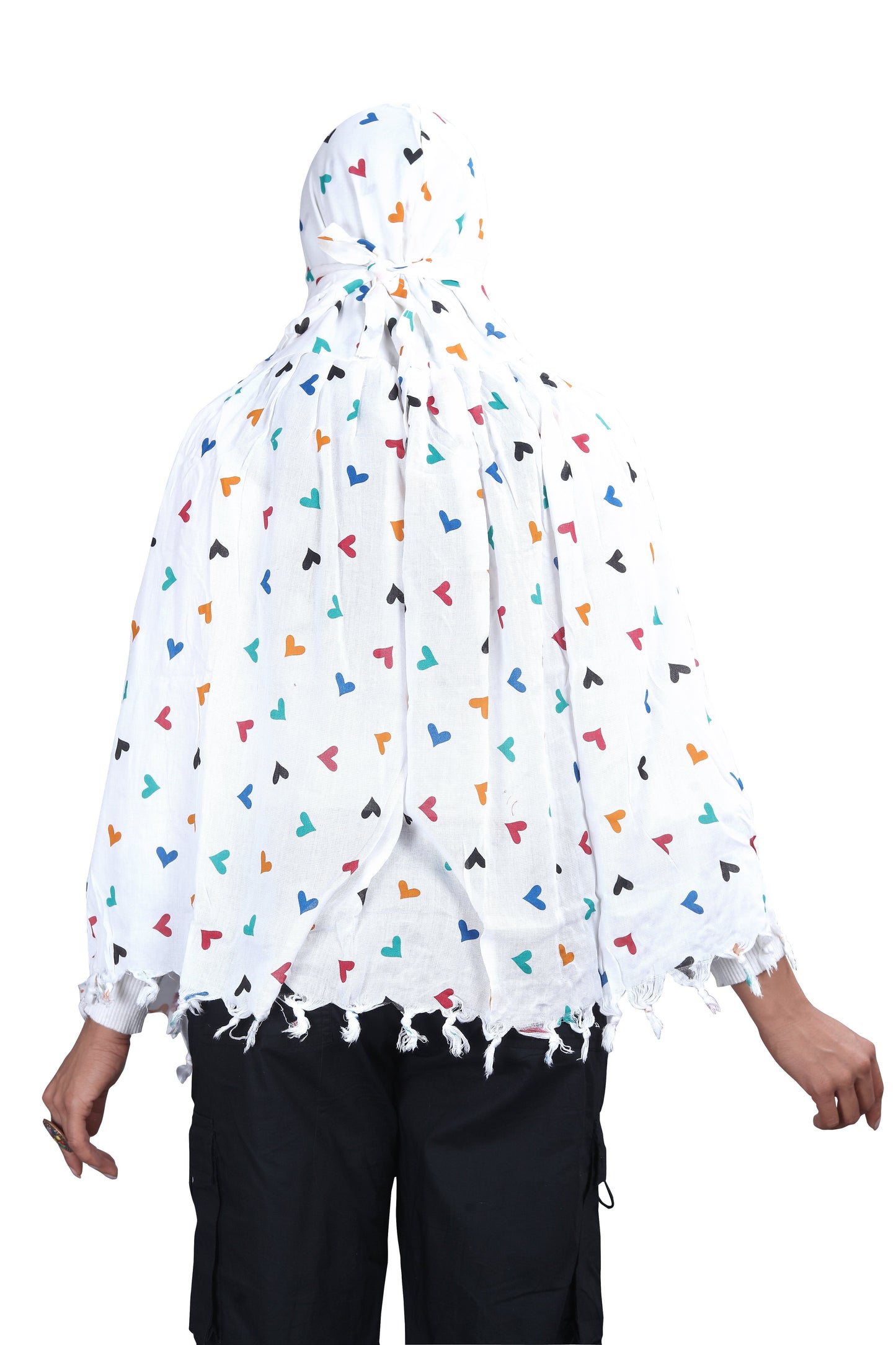 White Cotton Scarf with Colorful Heart Print – Soft, Lightweight & Trendy