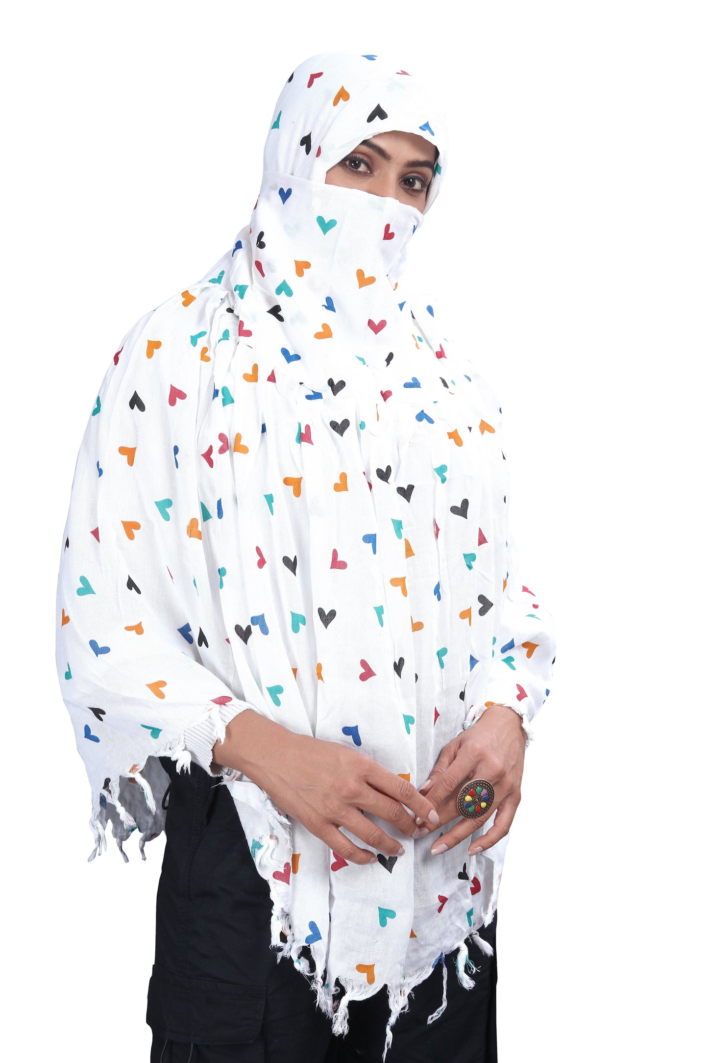 White Cotton Scarf with Colorful Heart Print – Soft, Lightweight & Trendy