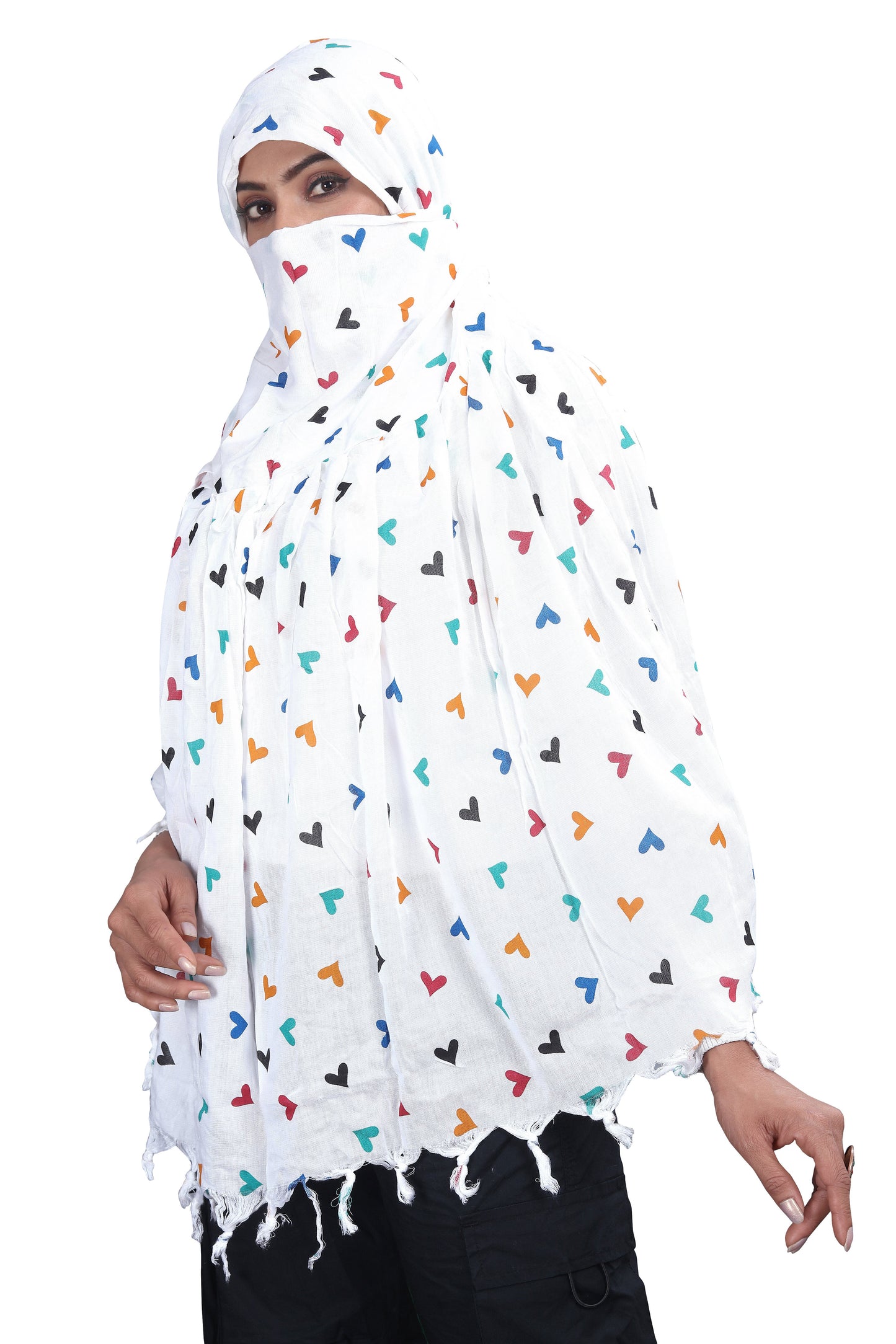 White Cotton Scarf with Colorful Heart Print – Soft, Lightweight & Trendy
