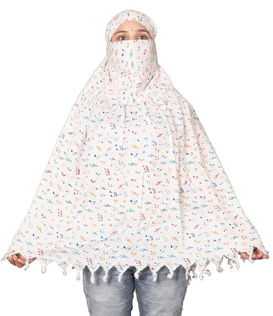 Lightweight & Breathable White Cotton Scarf with Colorful Music Note Print
