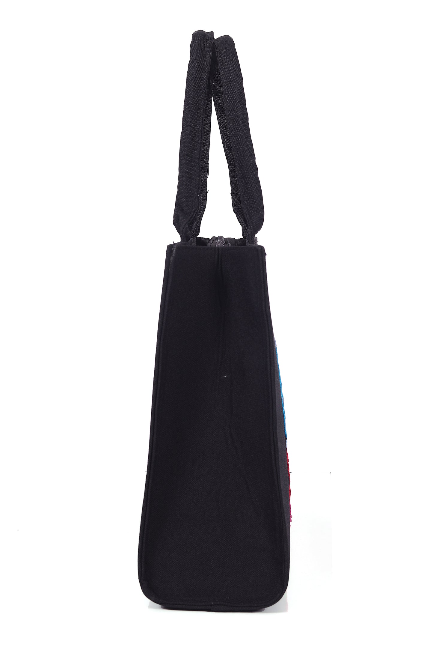 Stylish Black Tote Bag with Colorful Cat and Umbrella Embroidery